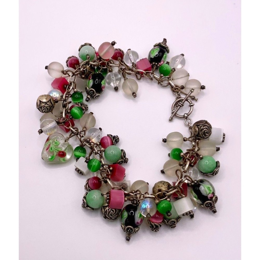 Vintage Bohemian Glass Bead Bracelet Assorted Colors Silver-Toned Metal 8"
